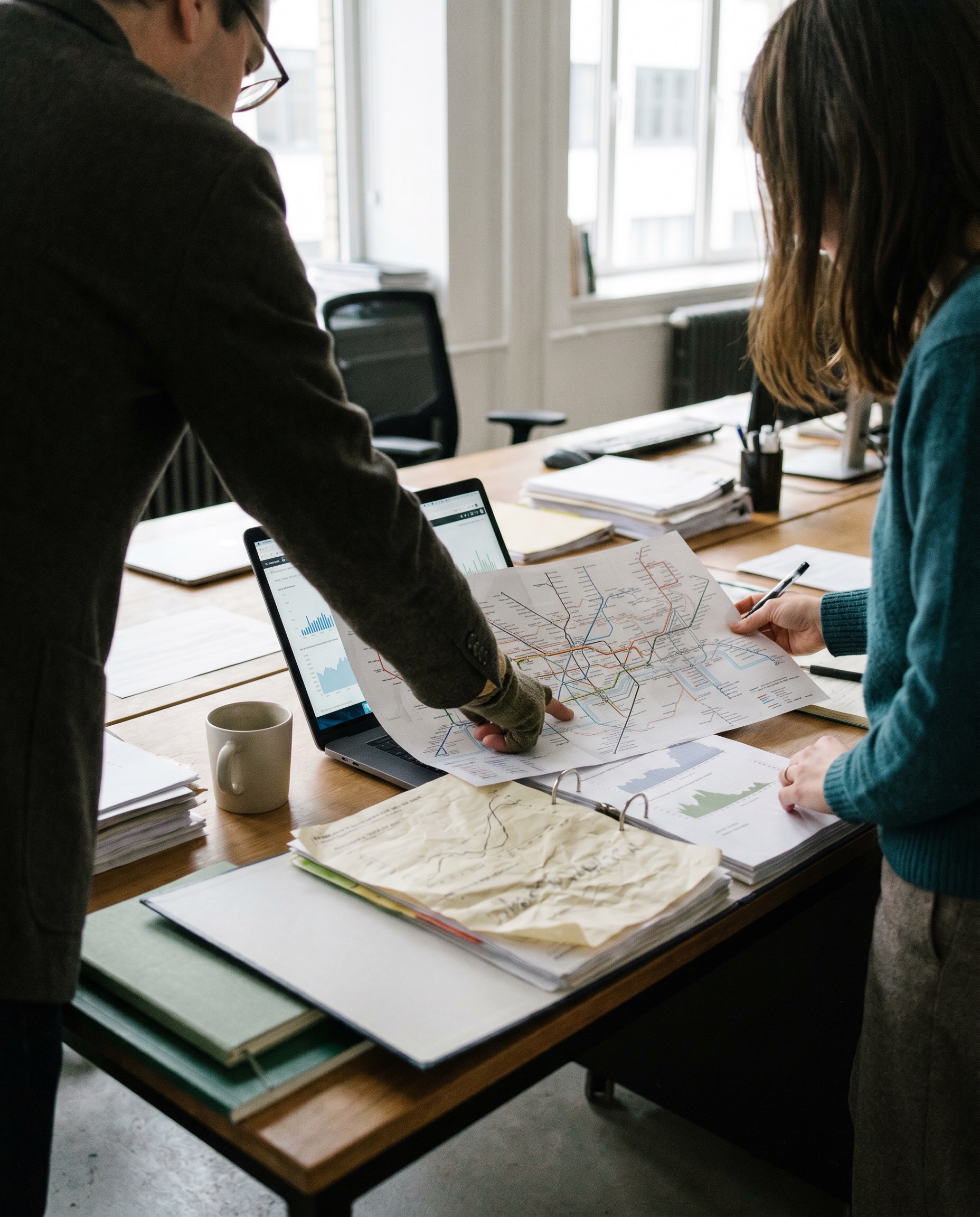 Dos profesionales colaborando sobre un mapa y datos de movilidad